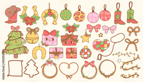 Retro Christmas Cowboy ornaments and decoration element clipart set Hand drawn cartoon character collection