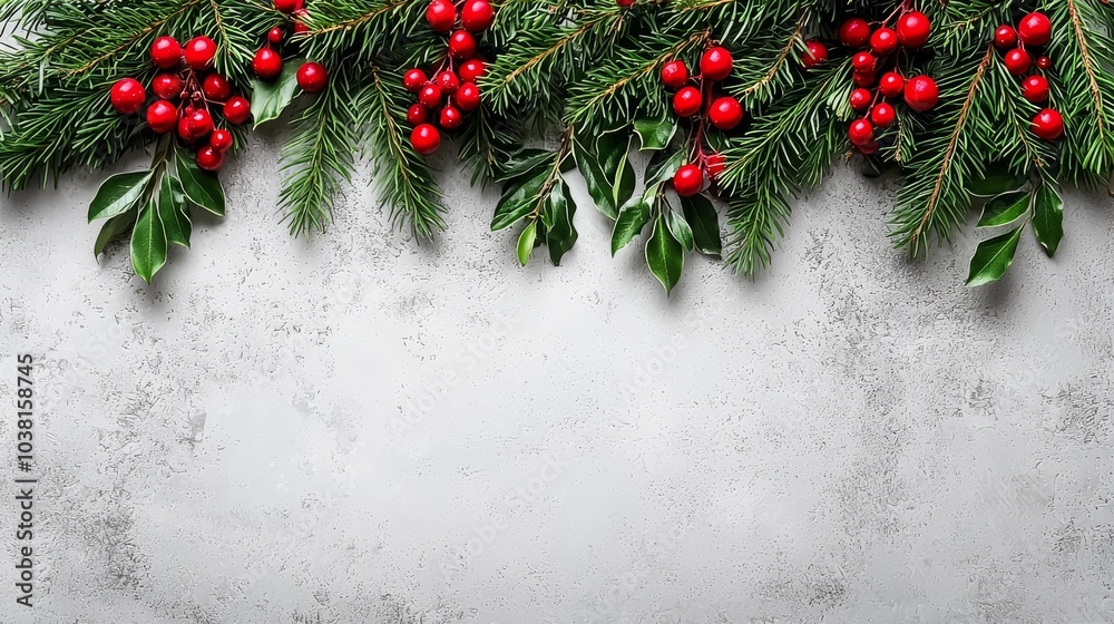 Fototapeta premium Christmas Fir Branches with Red Berries on White Concrete Background