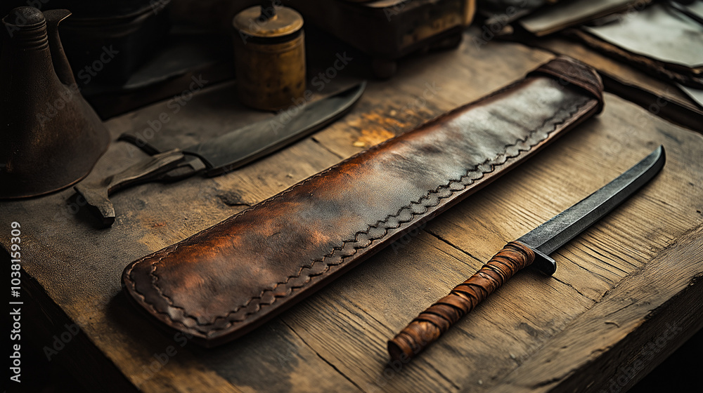A Roman gladius sheath with intricate leatherwork, displayed on a wooden table. A Roman gladius sheath with intricate leatherwork, displayed on a wooden table.