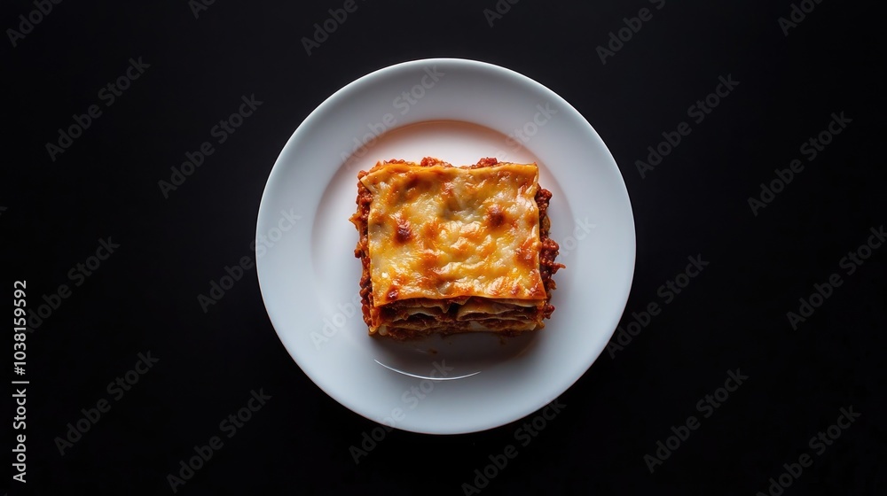 Hearty Lasagna on a White Plate from Top View Hearty Lasagna on a White Plate from Top View