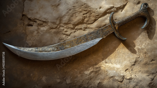 A close-up of an Egyptian khopesh sword, highlighting its distinctive curved blade and decorative motifs against an ancient stone wall. photo