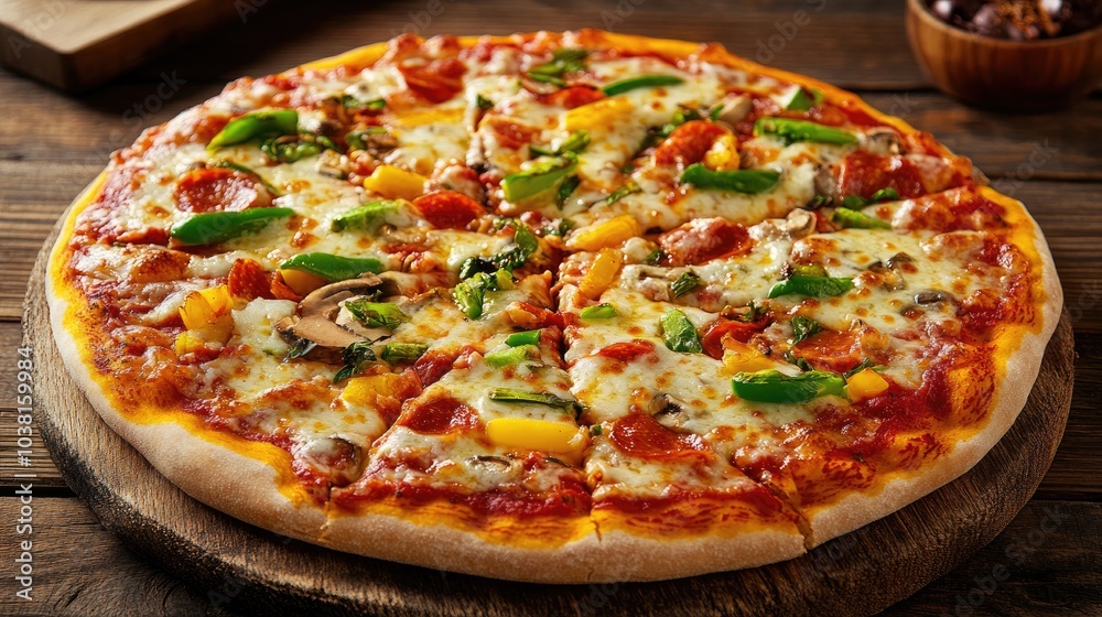 Freshly Baked Vibrant Pizza with Colorful Toppings Freshly Baked Vibrant Pizza with Colorful Toppings