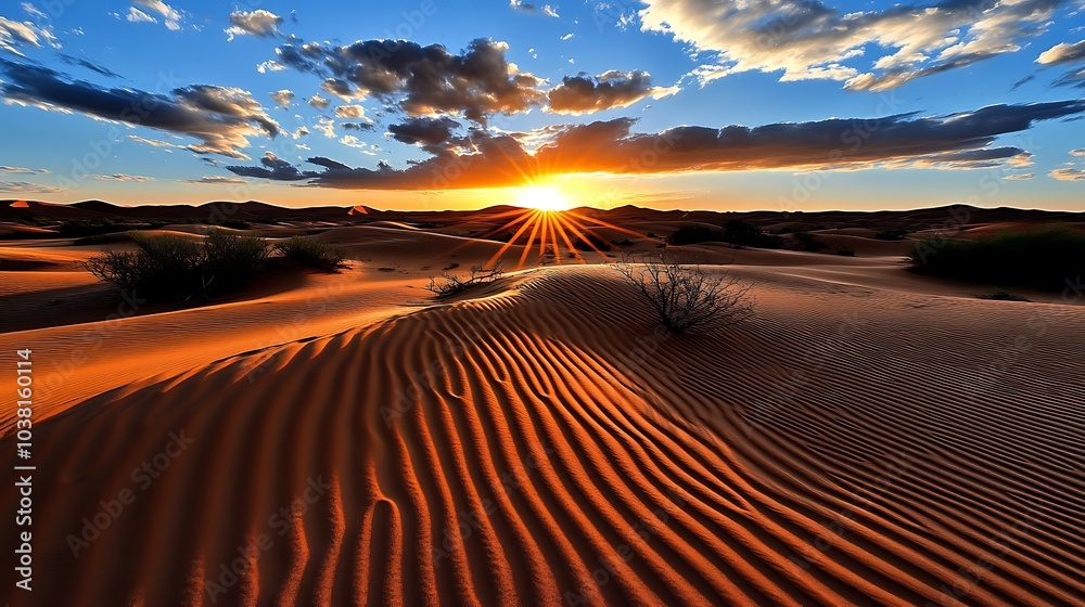 Naklejka premium Sunset over a Desert Landscape with Rippled Sand Dunes