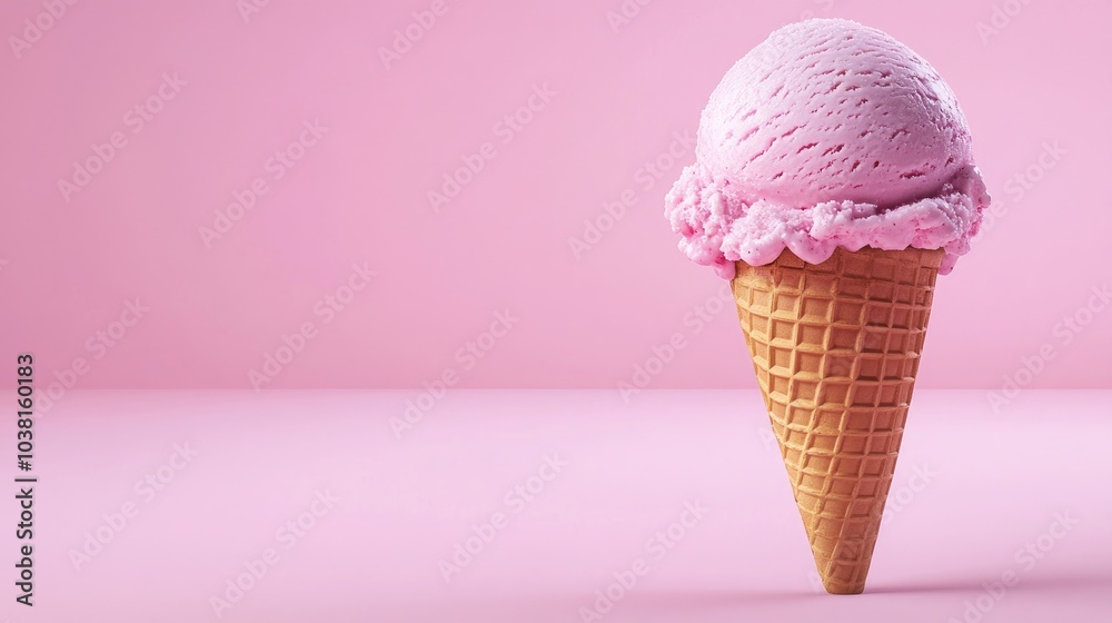 Vibrant Gelato Scoop in Waffle Cone on Pink Background Vibrant Gelato Scoop in Waffle Cone on Pink Background