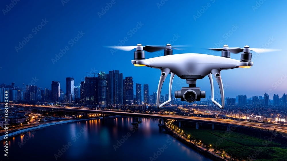 Fototapeta premium Drone Soaring Over Night Cityscape 