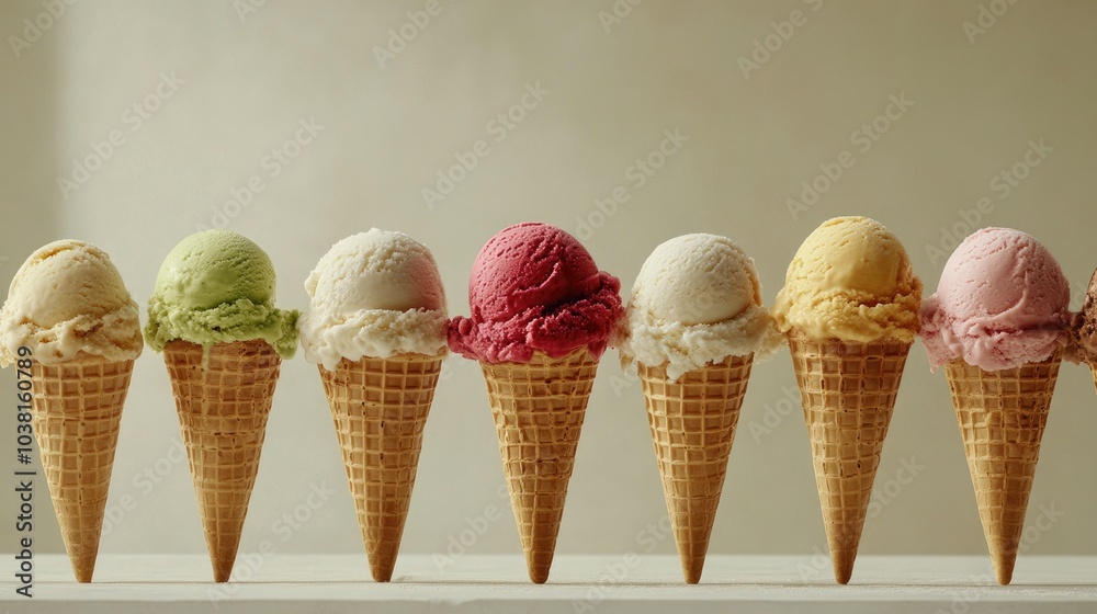 Colorful Gelato in Waffle Cones Displayed Aerial View Colorful Gelato in Waffle Cones Displayed Aerial View
