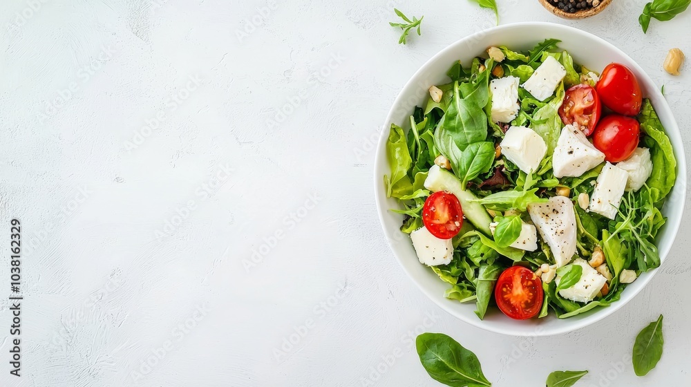 Fresh and Healthy Dinner Concept with a Vibrant Salad Featuring Cherry Tomatoes, Feta Cheese, and Mixed Greens Fresh and Healthy Dinner Concept with a Vibrant Salad Featuring Cherry Tomatoes, Feta Cheese, and Mixed Greens