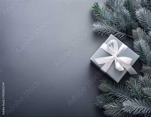 Top view ofgray and silver gift box on pine branches on wooden table with copy space  photo