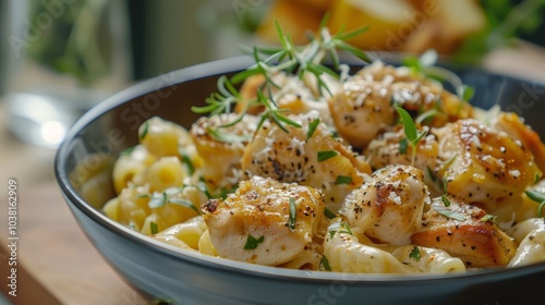 Delicious honey pepper chicken mac and cheese with golden pasta and fresh herb garnish