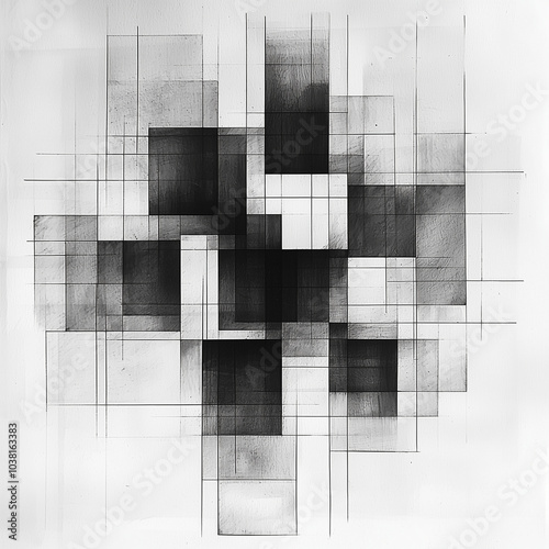 complex geometric composition of overlapping squares and lines in a grayscale abstract artwork