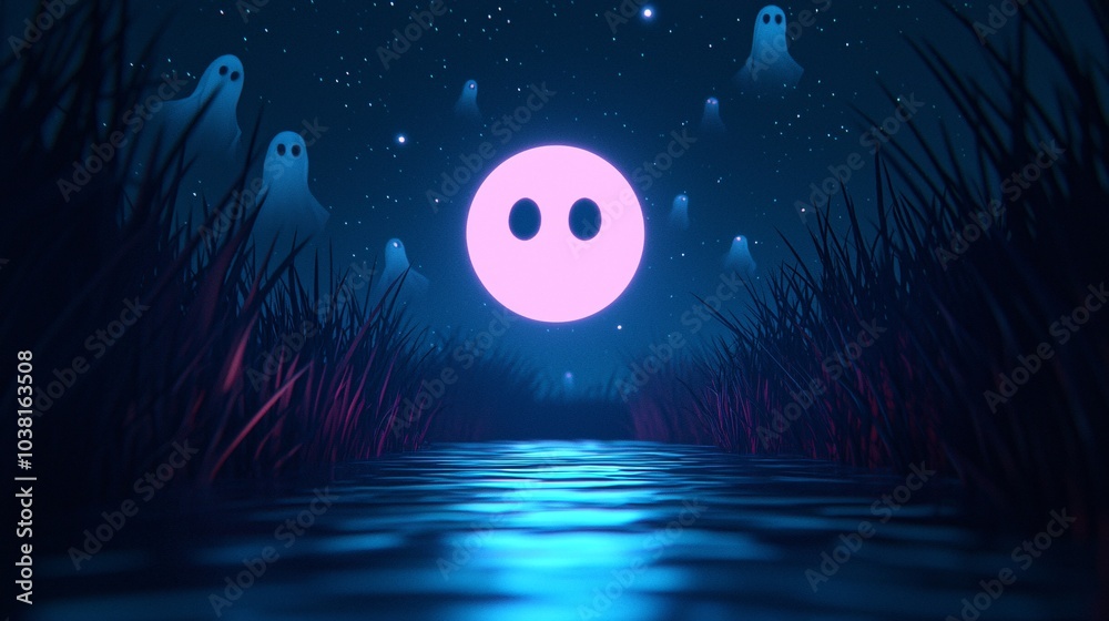 Fototapeta premium Mysterious night whimsical ghosts and a floating pink sphere illuminate a tranquil waterway under a starry sky