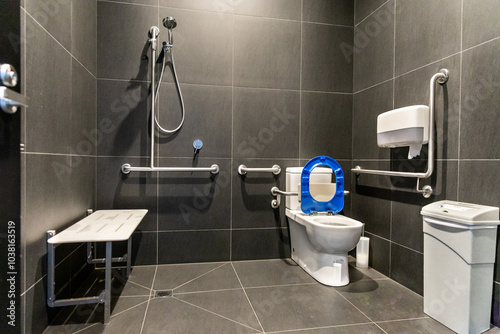 Disability friendly generic restroom sanitary with hand rails and bars, bench for handicap users or those with disability.
