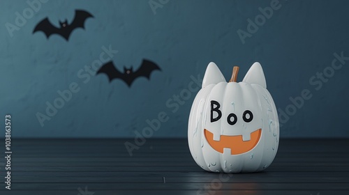 Whimsical white pumpkin decoration with boo and bat silhouettes for a spooky halloween atmosphere