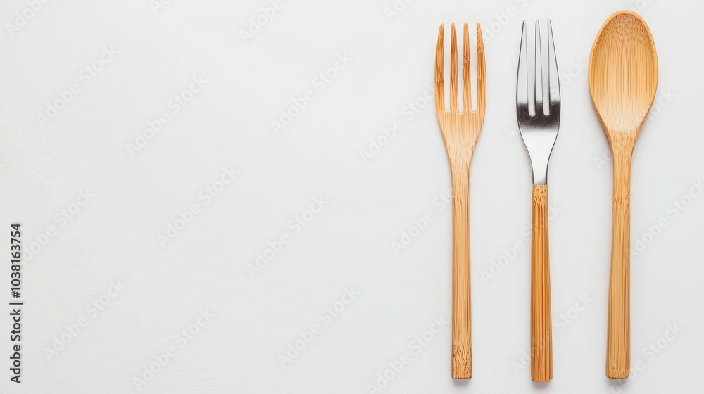 Sustainable Zero Waste Concept with Bamboo and Metal Cutlery on White Background for Eco-Friendly Living Sustainable Zero Waste Concept with Bamboo and Metal Cutlery on White Background for Eco-Friendly Living