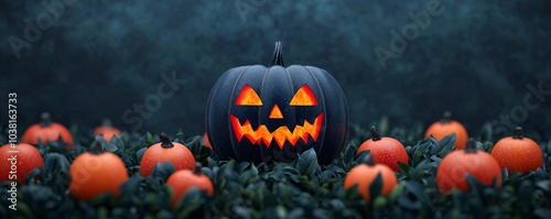 Spooktacular halloween pumpkin surrounded by glowing oranges and lush greenery for a festive atmosphere
