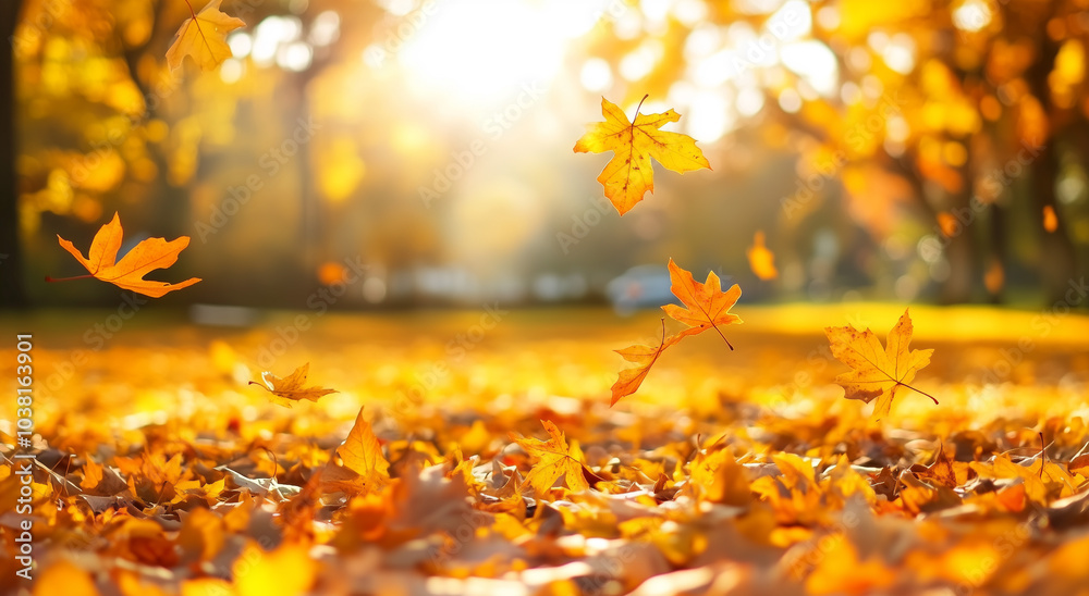 Orange fall leaves in park, autumn natural background Orange fall leaves in park, autumn natural background