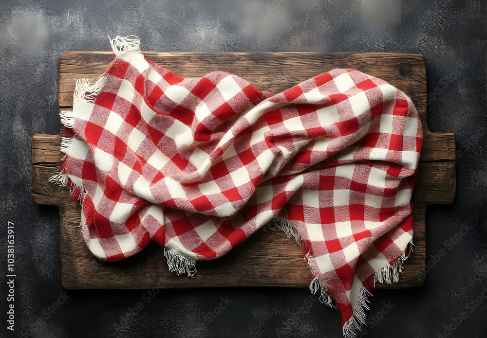 Obraz premium Red and White Checkered Tablecloth on Wooden Cutting Board.