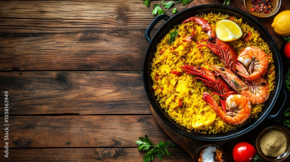 Delicious Shrimp Paella with Saffron Rice on Wooden Surface Delicious Shrimp Paella with Saffron Rice on Wooden Surface