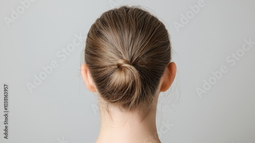 Back View of Woman's Head with Hair in a Bun Highlighting Clear Skin and Hair Health