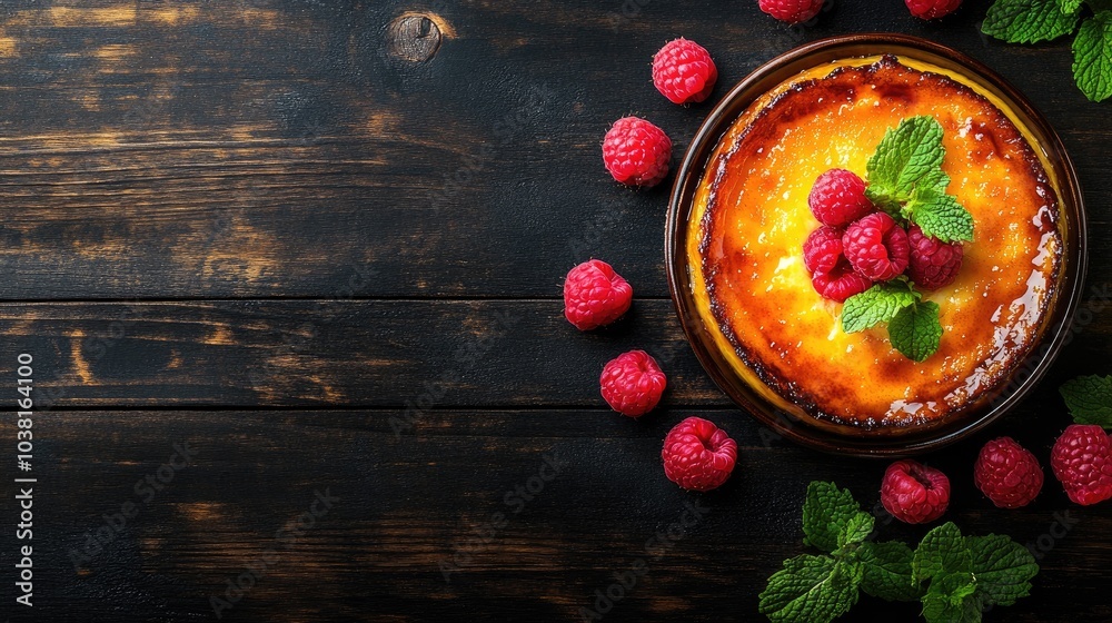 Glossy Caramel Dessert with Raspberries and Mint Glossy Caramel Dessert with Raspberries and Mint