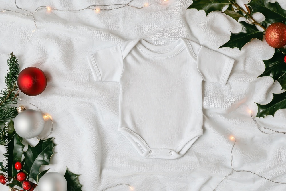 Simple baby onesie on soft fabric with holiday decorations. Simple baby onesie on soft fabric with holiday decorations.