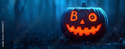 Spooky pumpkin with a playful grin illuminated in the haunted forest perfect for halloween celebrations and festivities