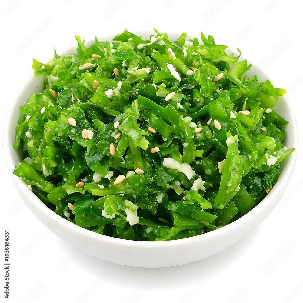 Macro Shot of Appetizing Japanese Wakame Seaweed Salad on White Background Macro Shot of Appetizing Japanese Wakame Seaweed Salad on White Background