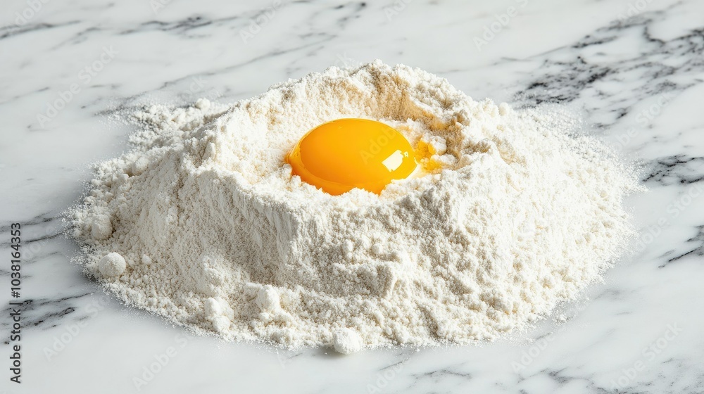 A heap of wheat flour on a marble background, with an egg yolk placed in the center, ready for making homemade pasta or dough. --chaos A heap of wheat flour on a marble background, with an egg yolk placed in the center, ready for making homemade pasta or dough. --chaos