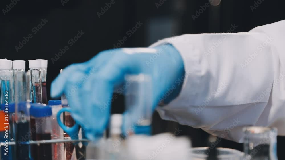 Group of dedicated scientist conduct chemical experiment in medical laboratory, carefully drop precise amount of liquid from pipette into test tube for vaccine drug or antibiotic development. Neoteric Group of dedicated scientist conduct chemical experiment in medical laboratory, carefully drop precise amount of liquid from pipette into test tube for vaccine drug or antibiotic development. Neoteric
