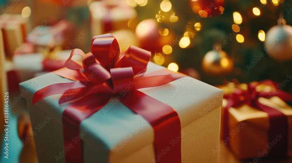 A high-resolution Full HD shot capturing the festive scene of gift wrapping, featuring a decorated gift box being adorned with bright ribbons, with finished gifts showcased behind. A high-resolution Full HD shot capturing the festive scene of gift wrapping, featuring a decorated gift box being adorned with bright ribbons, with finished gifts showcased behind.