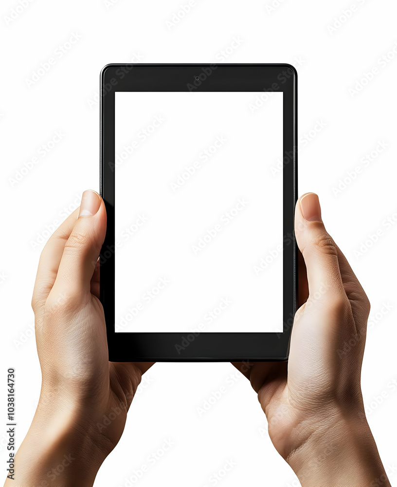 Hands holding a tablet with blank screen. Hands holding a tablet with blank screen.