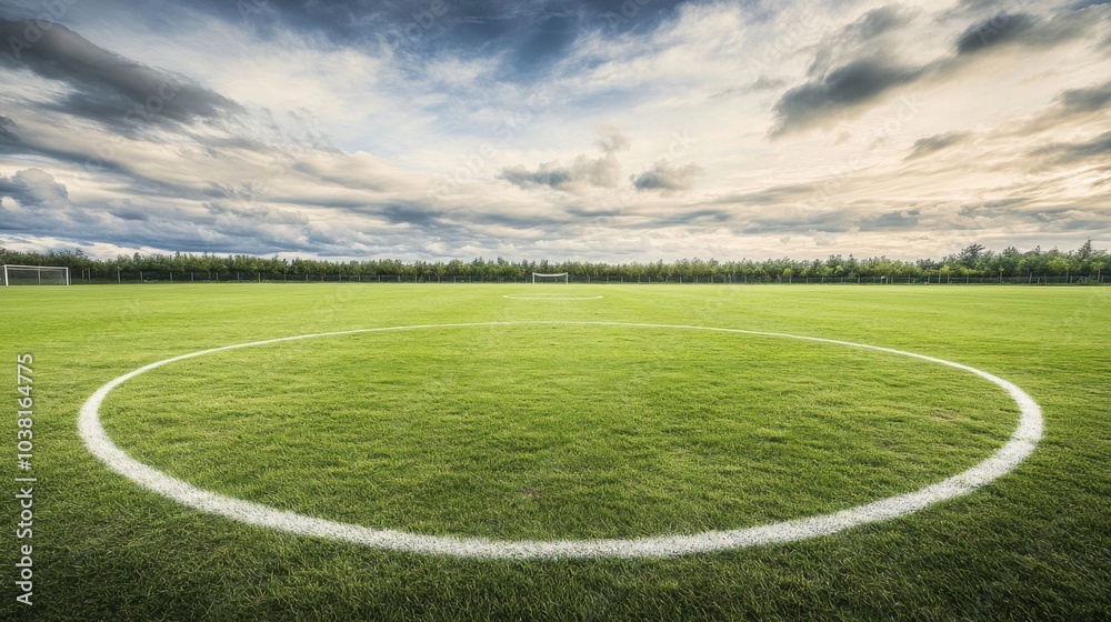 Fototapeta premium A soccer field's center circle with focus on the grass pattern and center mark, outdoor setting with cloudy sky, Classic style