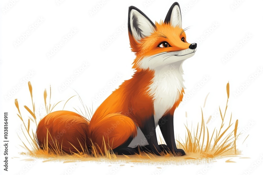 Obraz premium Cute Red Fox Sitting in Grass Cartoon Illustration