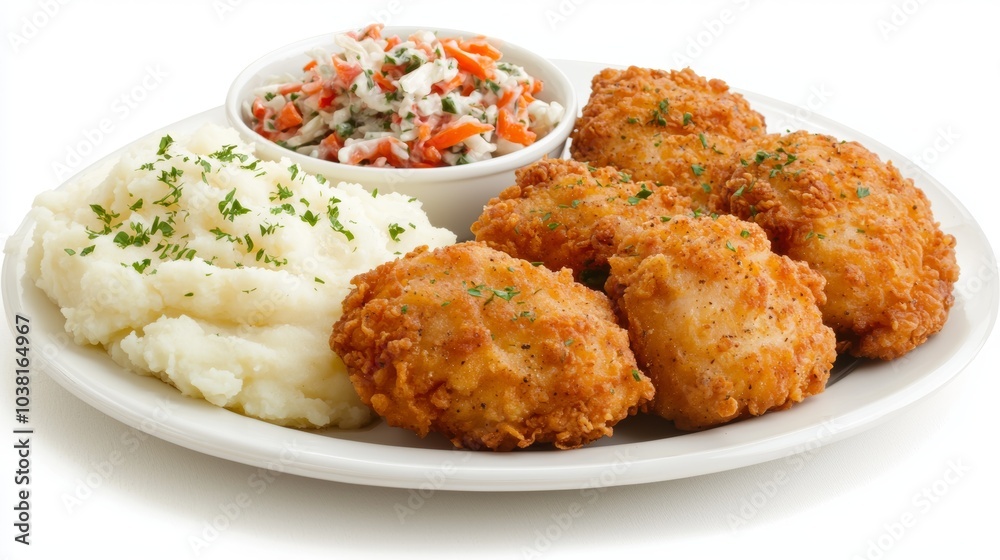 Delicious Fried Chicken with Mashed Potatoes and Coleslaw - Perfect Lunch Break Meal Delicious Fried Chicken with Mashed Potatoes and Coleslaw - Perfect Lunch Break Meal