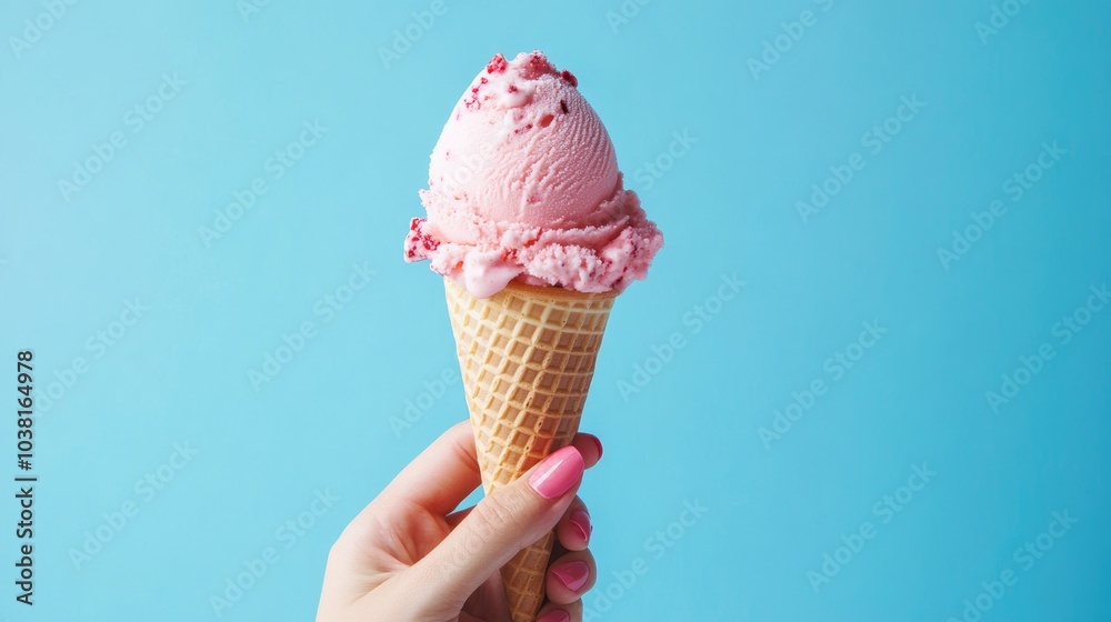 Hand Holding Delicious Pink Ice Cream Cone Hand Holding Delicious Pink Ice Cream Cone