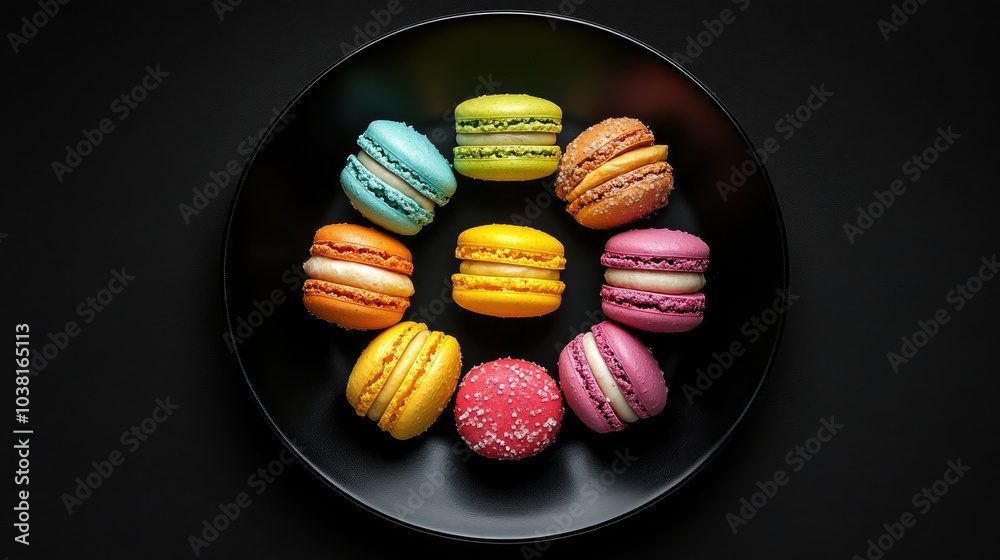 Colorful French Macarons on a Black Plate Colorful French Macarons on a Black Plate
