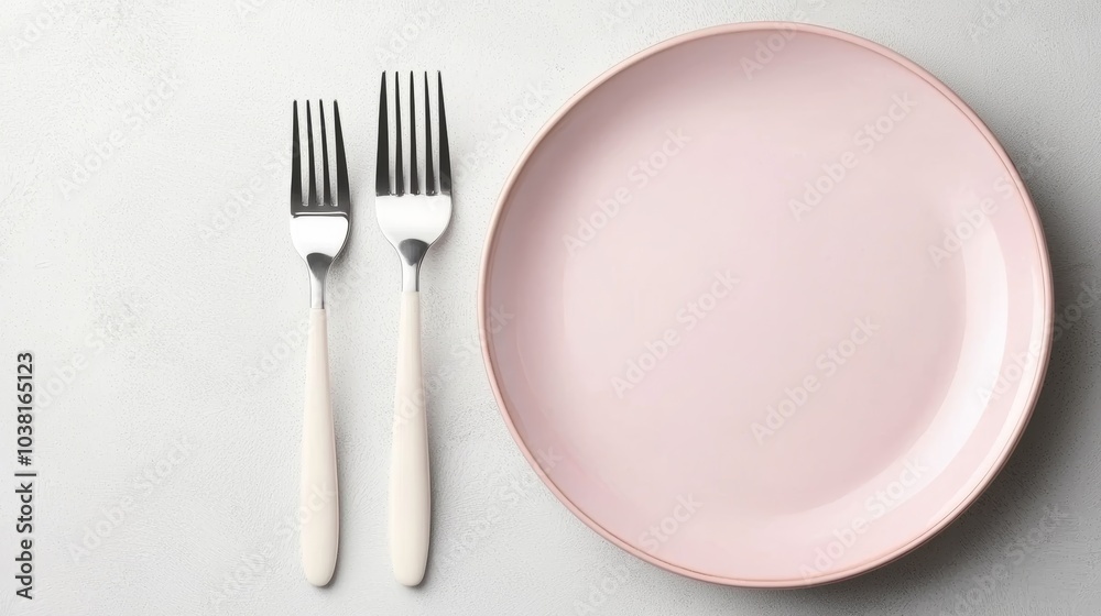 Elegant Dinner Setting with Minimalist Pink Plate and Silver Forks on Light Background Elegant Dinner Setting with Minimalist Pink Plate and Silver Forks on Light Background