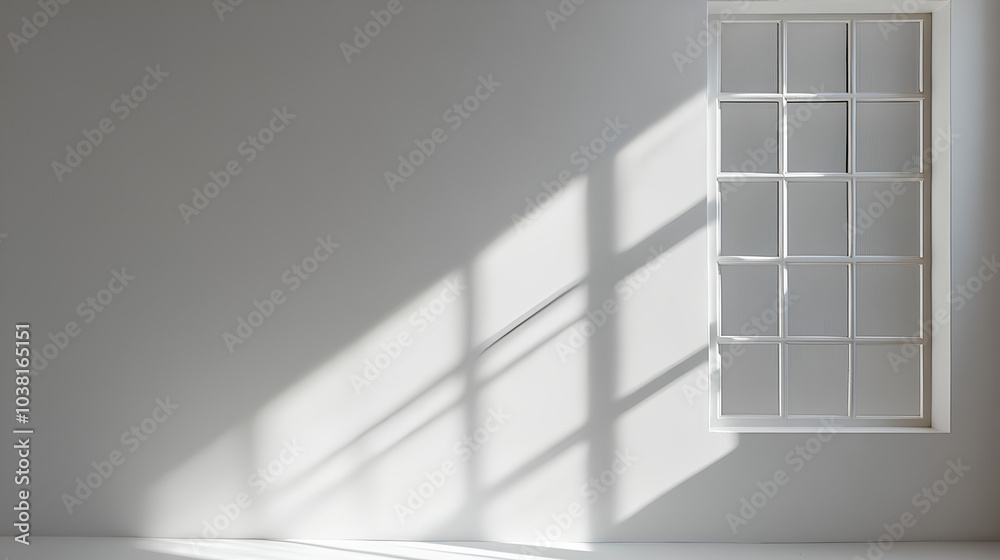 Obraz premium A white wall with a window and sunlight casting a shadow.