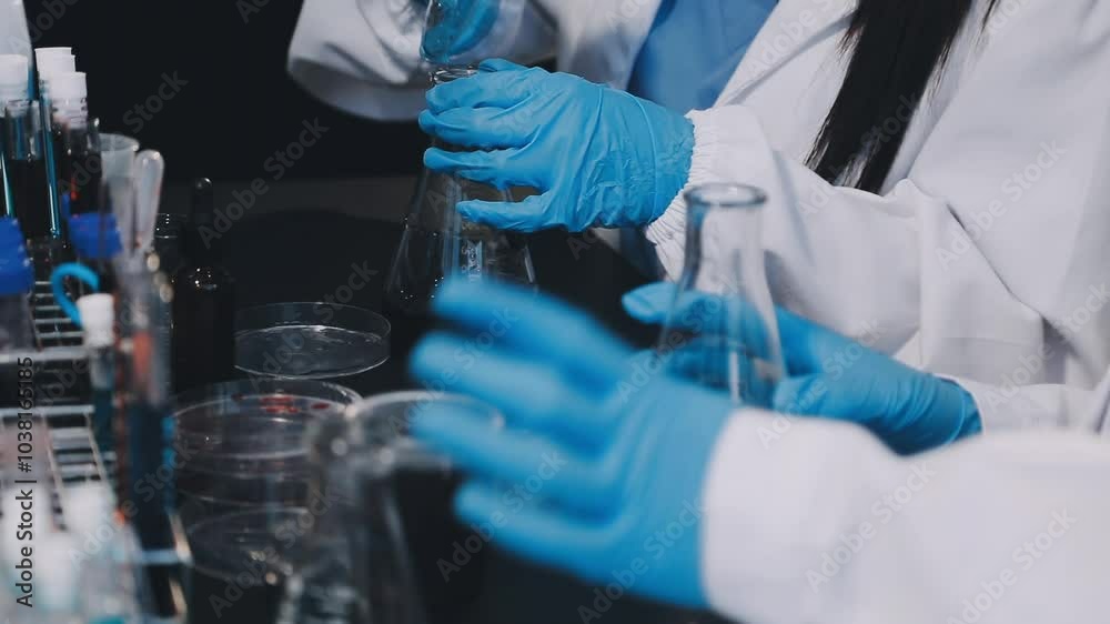 Group of dedicated scientist conduct chemical experiment in medical laboratory, carefully drop precise amount of liquid from pipette into test tube for vaccine drug or antibiotic development. Neoteric Group of dedicated scientist conduct chemical experiment in medical laboratory, carefully drop precise amount of liquid from pipette into test tube for vaccine drug or antibiotic development. Neoteric