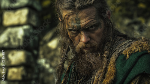 A close-up of a Celtic warrior adorned in traditional garments, featuring earthy tones of green and brown, with ancient stone structures in the background. photo