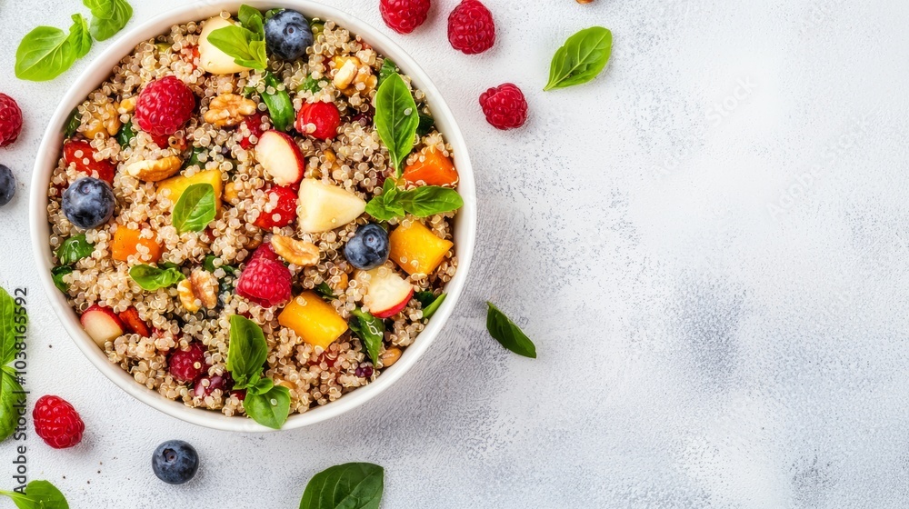 Healthy Quinoa Salad with Fresh Fruits and Nuts on Light Background - Perfect for Dinner Concepts and Healthy Eating Healthy Quinoa Salad with Fresh Fruits and Nuts on Light Background - Perfect for Dinner Concepts and Healthy Eating