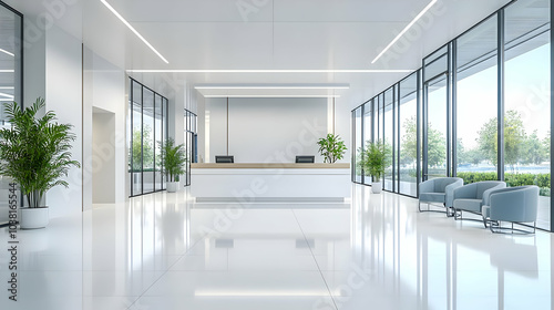 Modern Office Lobby with Reception Desk and Seating.