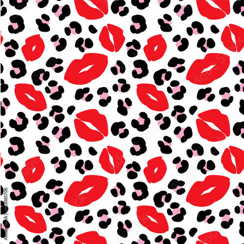 Red lips and abstract leopard print on white background. Seamless pattern with kiss and exotic wild animal spot silhouette. Vector stock illustration
