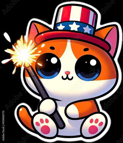 Cartoon cat with a gift in a box, standing on a snowy field with a snowman and a bird, smiling cutely while wearing a hat