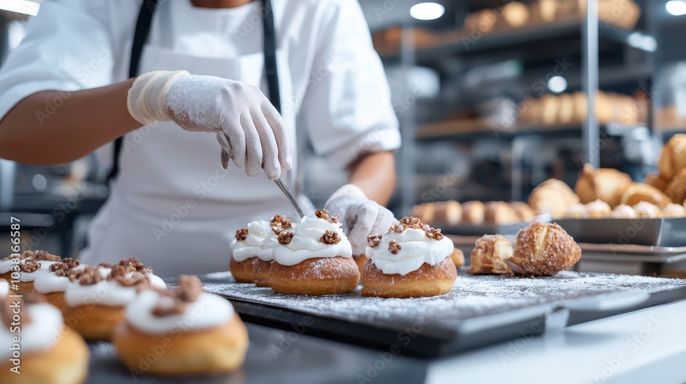 Female Chef Perfecting Pastries in a Bakery Kitchen Crafting Exquisite Treats for Delightful Customers