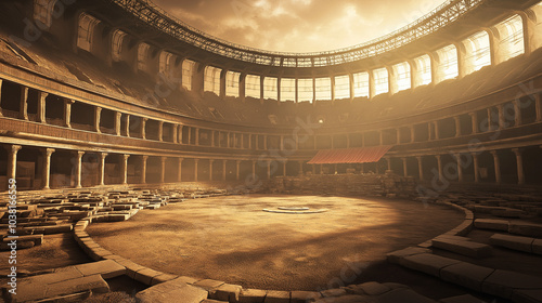 An interior view of a Roman gladiator arena, highlighting the architecture and atmosphere.