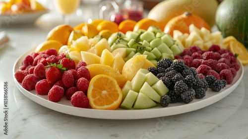 A high-resolution Full HD shot of a beautifully arranged platter of assorted fruits, including berries, melons, and citrus, served on a white marble table at a bright brunch setting.