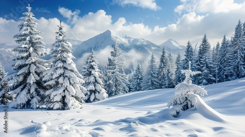 Impressive winter morning in mountains with snow-covered fir trees. Colorful outdoor scene,
 Happy New Year celebration concept. Art style post-processed photos.