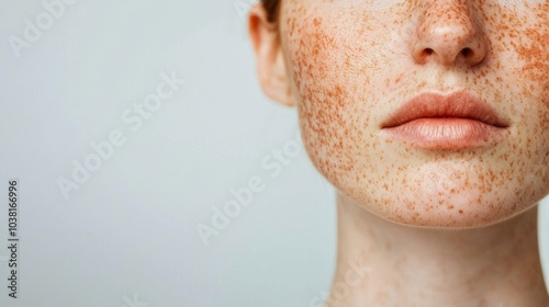 Close-Up of Woman's Face with Freckles and Clear Skin Highlighting Natural Beauty and Skin Conditions photo