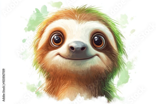 Cute Cartoon Sloth with Big Eyes and Green Fur